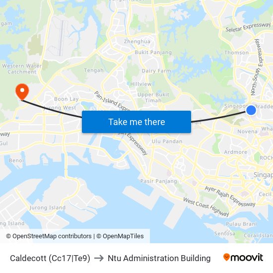 Caldecott (Cc17|Te9) to Ntu Administration Building map