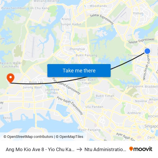 Ang Mo Kio Ave 8 - Yio Chu Kang Int (55509) to Ntu Administration Building map