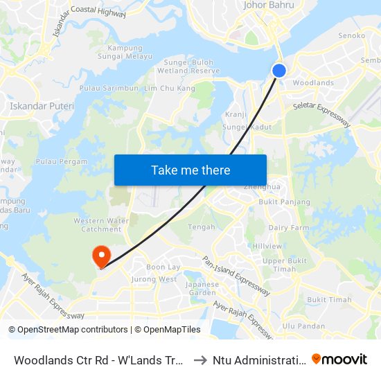 Woodlands Ctr Rd - W'Lands Train Checkpt (46069) to Ntu Administration Building map