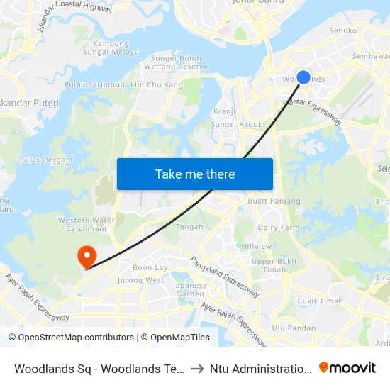 Woodlands Sq - Woodlands Temp Int (47009) to Ntu Administration Building map
