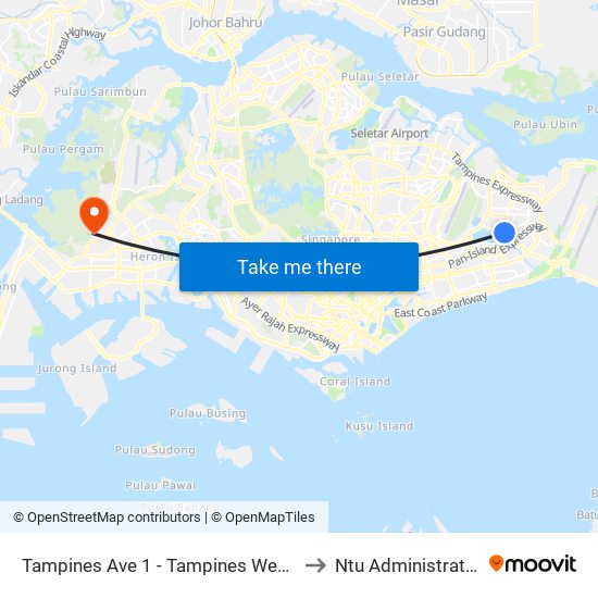 Tampines Ave 1 - Tampines West Stn Exit B (75051) to Ntu Administration Building map