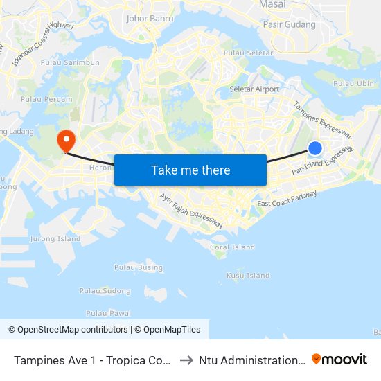 Tampines Ave 1 - Tropica Condo (75259) to Ntu Administration Building map