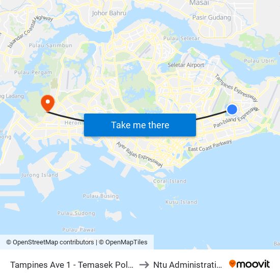 Tampines Ave 1 - Temasek Poly West G (75249) to Ntu Administration Building map