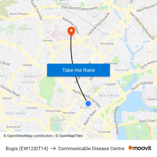 Bugis (EW12|DT14) to Communicable Disease Centre map