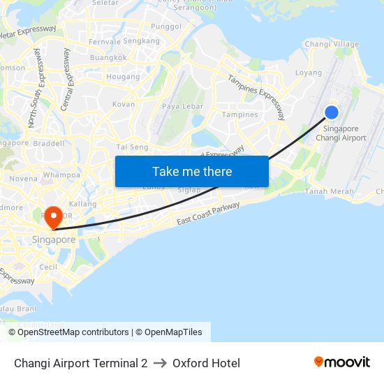 Changi Airport Terminal 2 to Oxford Hotel map