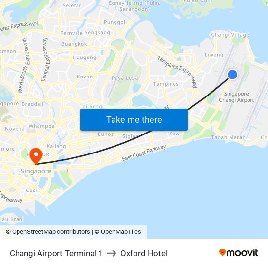 Changi Airport Terminal 1 to Oxford Hotel map