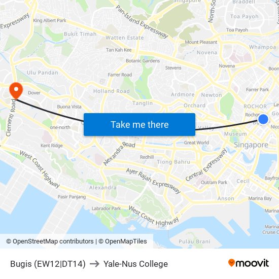 Bugis (EW12|DT14) to Yale-Nus College map