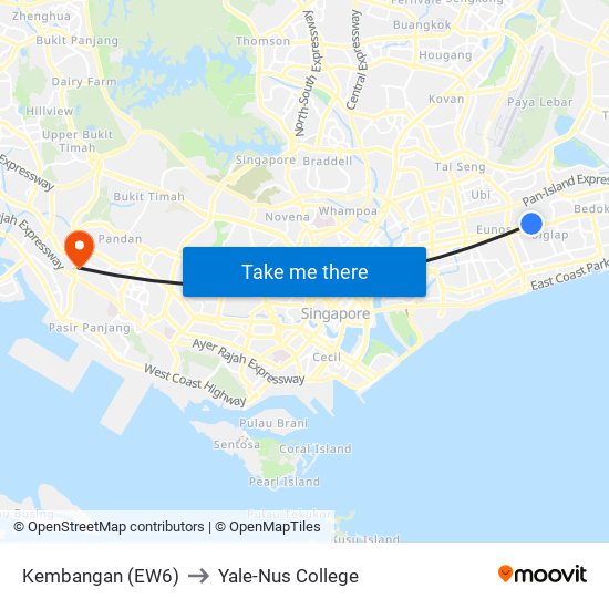 Kembangan (EW6) to Yale-Nus College map