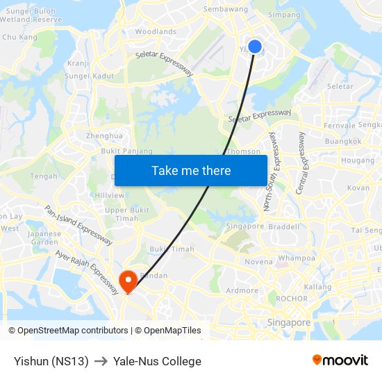 Yishun (NS13) to Yale-Nus College map