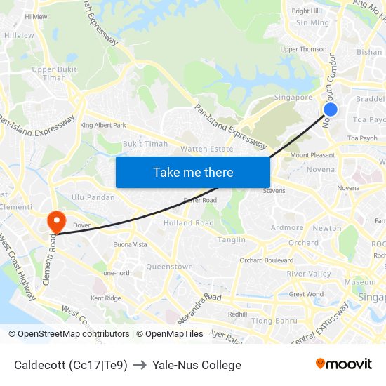 Caldecott (Cc17|Te9) to Yale-Nus College map