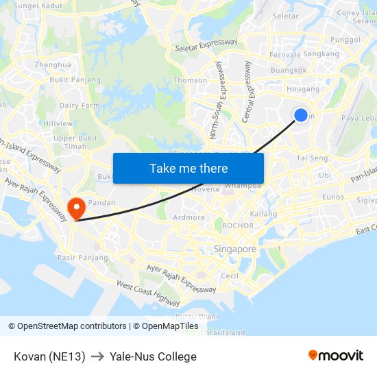 Kovan (NE13) to Yale-Nus College map