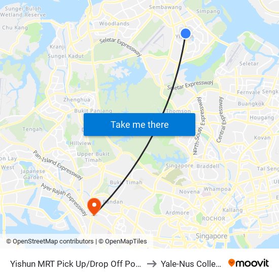 Yishun MRT Pick Up/Drop Off Point to Yale-Nus College map