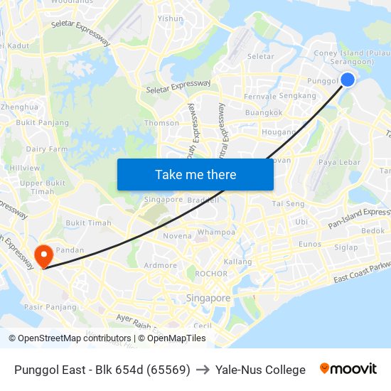 Punggol East - Blk 654d (65569) to Yale-Nus College map