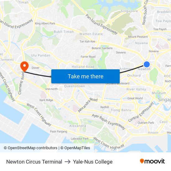 Newton Circus Terminal to Yale-Nus College map