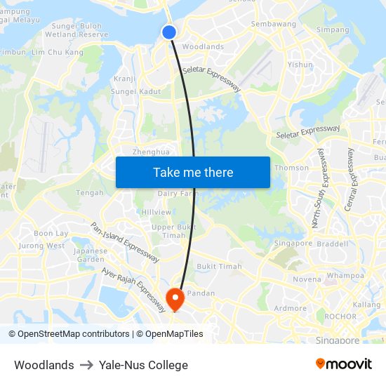 Woodlands to Yale-Nus College map