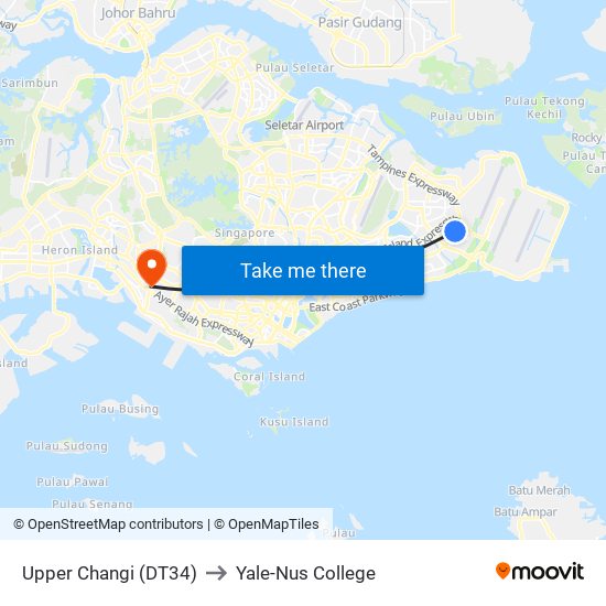 Upper Changi (DT34) to Yale-Nus College map