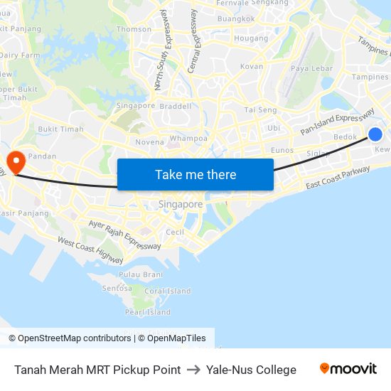 Tanah Merah MRT Pickup Point to Yale-Nus College map