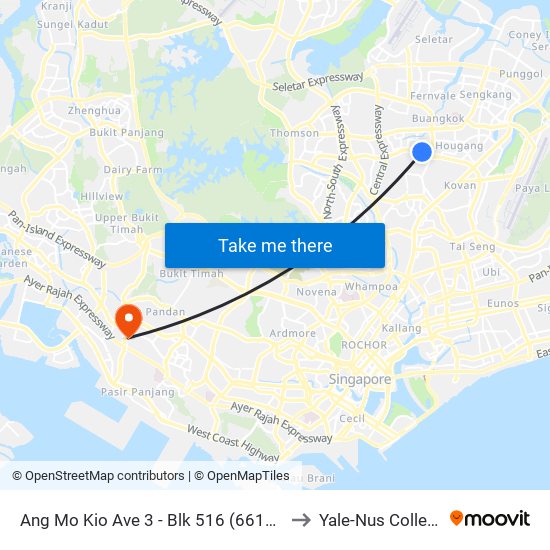 Ang Mo Kio Ave 3 - Blk 516 (66101) to Yale-Nus College map