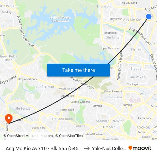 Ang Mo Kio Ave 10 - Blk 555 (54589) to Yale-Nus College map