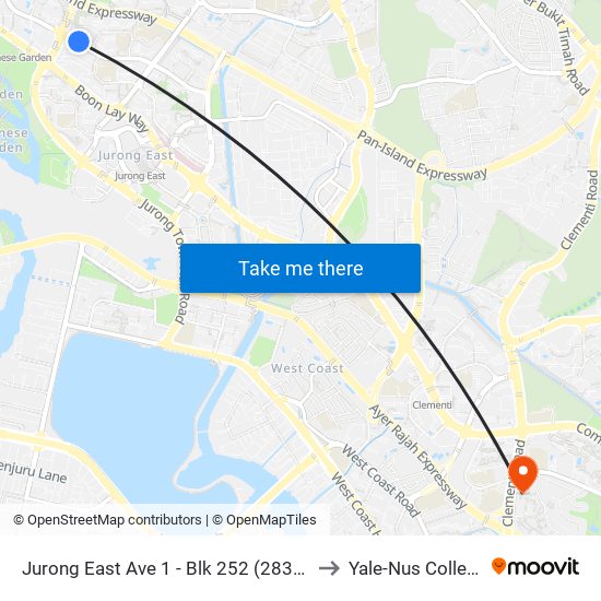 Jurong East Ave 1 - Blk 252 (28339) to Yale-Nus College map