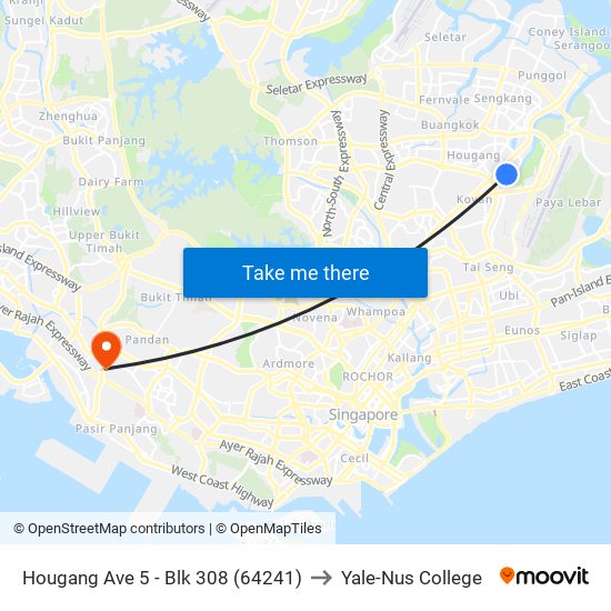 Hougang Ave 5 - Blk 308 (64241) to Yale-Nus College map