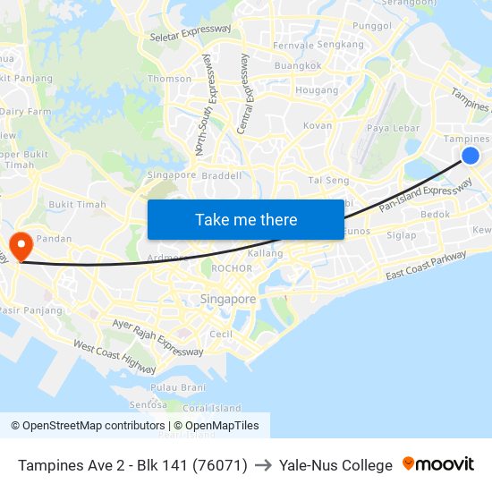 Tampines Ave 2 - Blk 141 (76071) to Yale-Nus College map