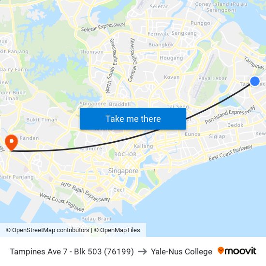 Tampines Ave 7 - Blk 503 (76199) to Yale-Nus College map