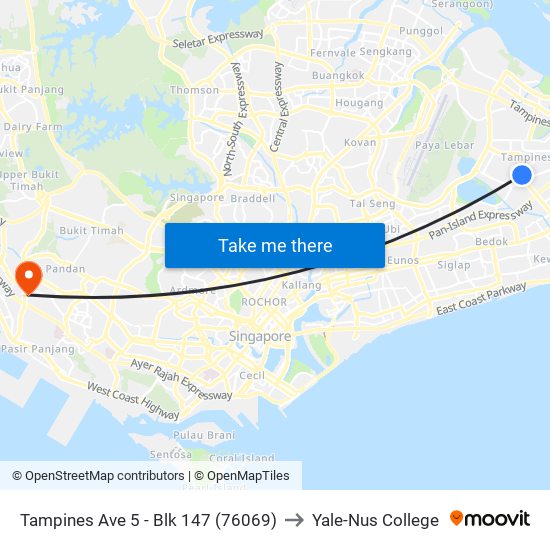 Tampines Ave 5 - Blk 147 (76069) to Yale-Nus College map