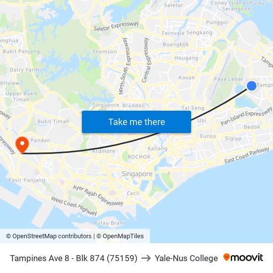 Tampines Ave 8 - Blk 874 (75159) to Yale-Nus College map