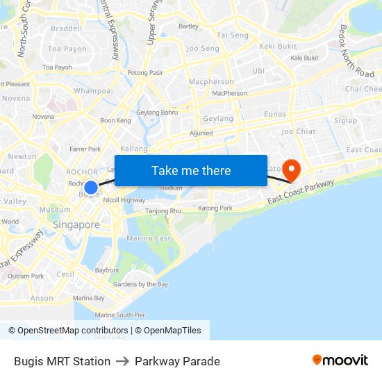 Bugis MRT Station to Parkway Parade map