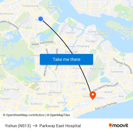 Yishun (NS13) to Parkway East Hospital map
