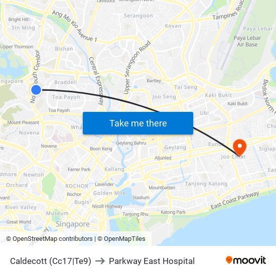 Caldecott (Cc17|Te9) to Parkway East Hospital map