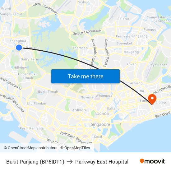 Bukit Panjang (BP6|DT1) to Parkway East Hospital map