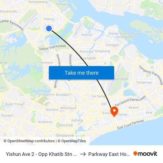 Yishun Ave 2 - Opp Khatib Stn (59049) to Parkway East Hospital map