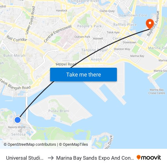 Universal Studios Globe to Marina Bay Sands Expo And Convention Centre map