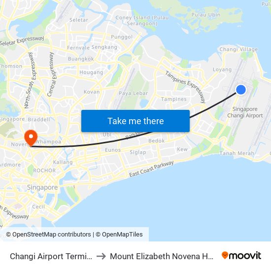 Changi Airport Terminal 1 to Mount Elizabeth Novena Hospital map