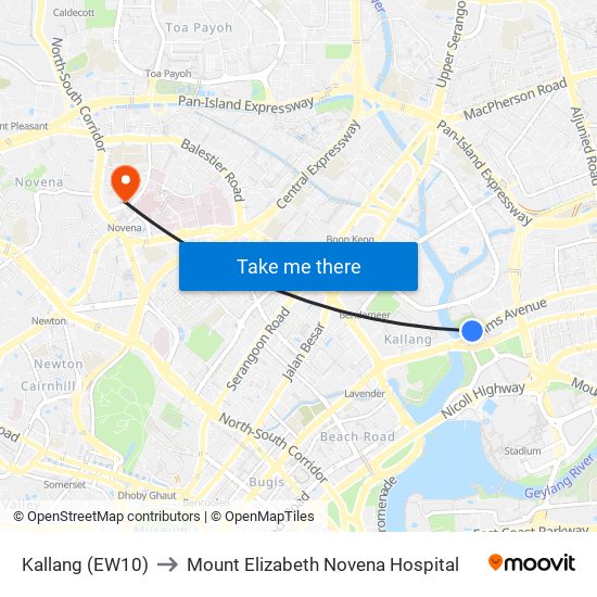 Kallang (EW10) to Mount Elizabeth Novena Hospital map