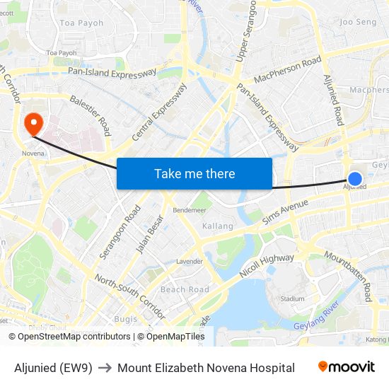 Aljunied (EW9) to Mount Elizabeth Novena Hospital map