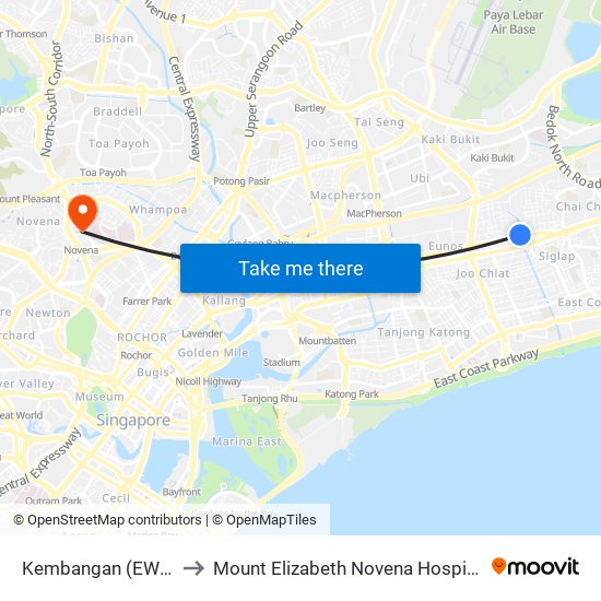 Kembangan (EW6) to Mount Elizabeth Novena Hospital map