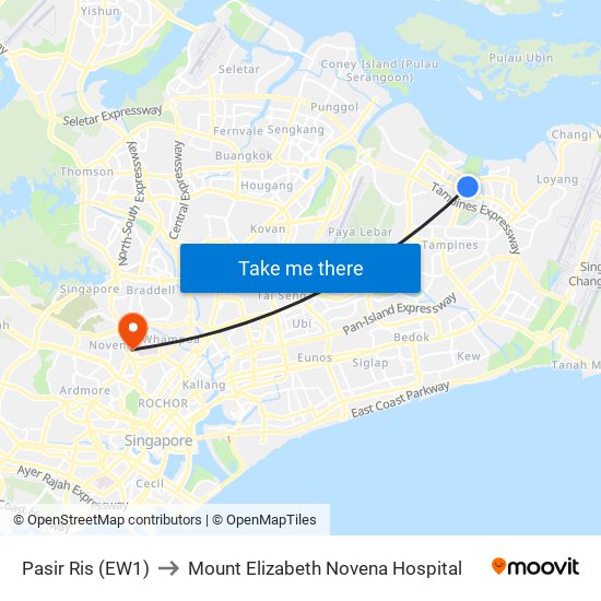 Pasir Ris (EW1) to Mount Elizabeth Novena Hospital map