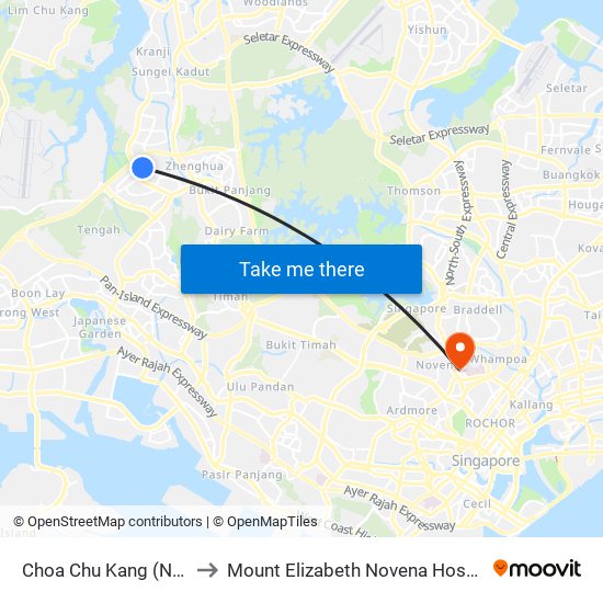 Choa Chu Kang (NS4) to Mount Elizabeth Novena Hospital map