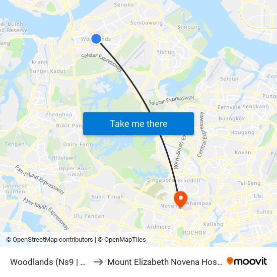 Woodlands (Ns9 | Te2) to Mount Elizabeth Novena Hospital map