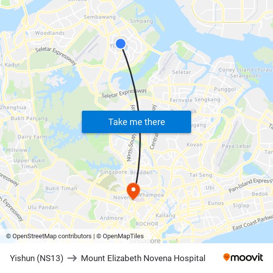 Yishun (NS13) to Mount Elizabeth Novena Hospital map