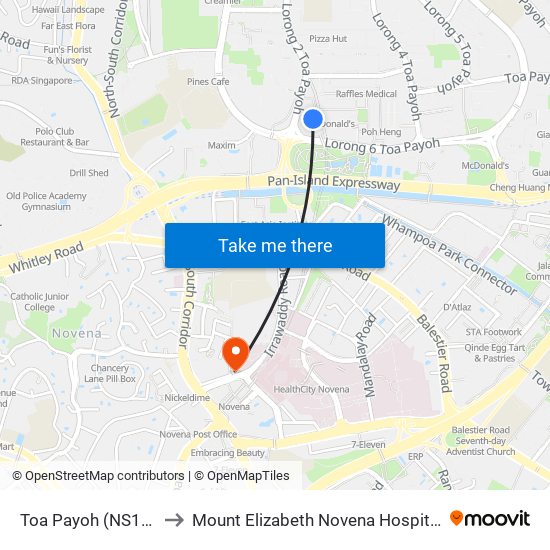 Toa Payoh (NS19) to Mount Elizabeth Novena Hospital map