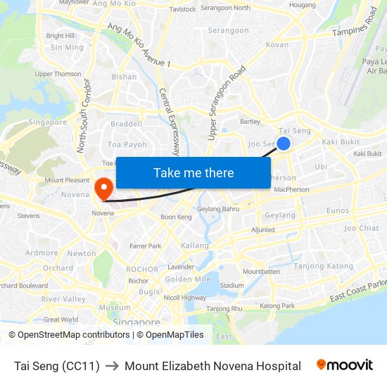 Tai Seng (CC11) to Mount Elizabeth Novena Hospital map