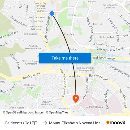 Caldecott (Cc17|Te9) to Mount Elizabeth Novena Hospital map