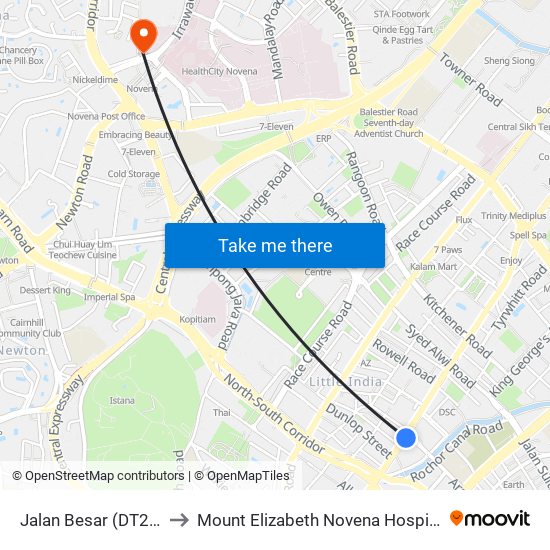 Jalan Besar (DT22) to Mount Elizabeth Novena Hospital map