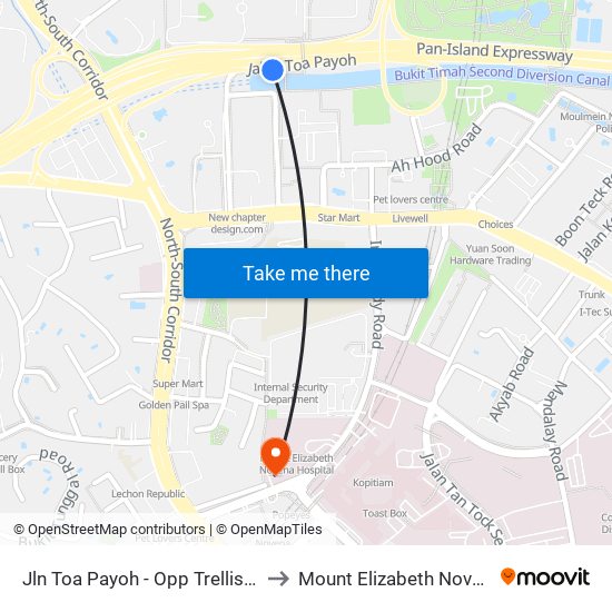 Jln Toa Payoh - Opp Trellis Twrs (52079) to Mount Elizabeth Novena Hospital map