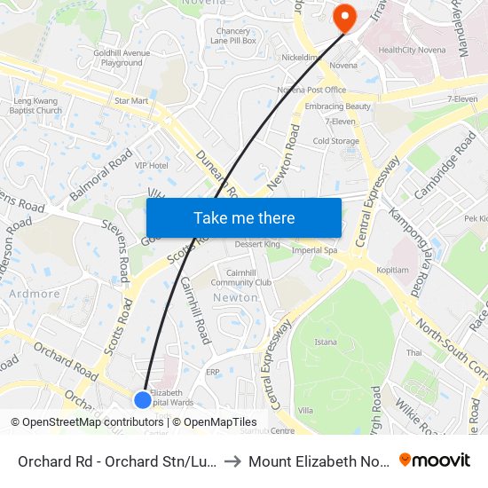 Orchard Rd - Orchard Stn/Lucky Plaza (09048) to Mount Elizabeth Novena Hospital map