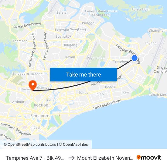 Tampines Ave 7 - Blk 497d (76241) to Mount Elizabeth Novena Hospital map